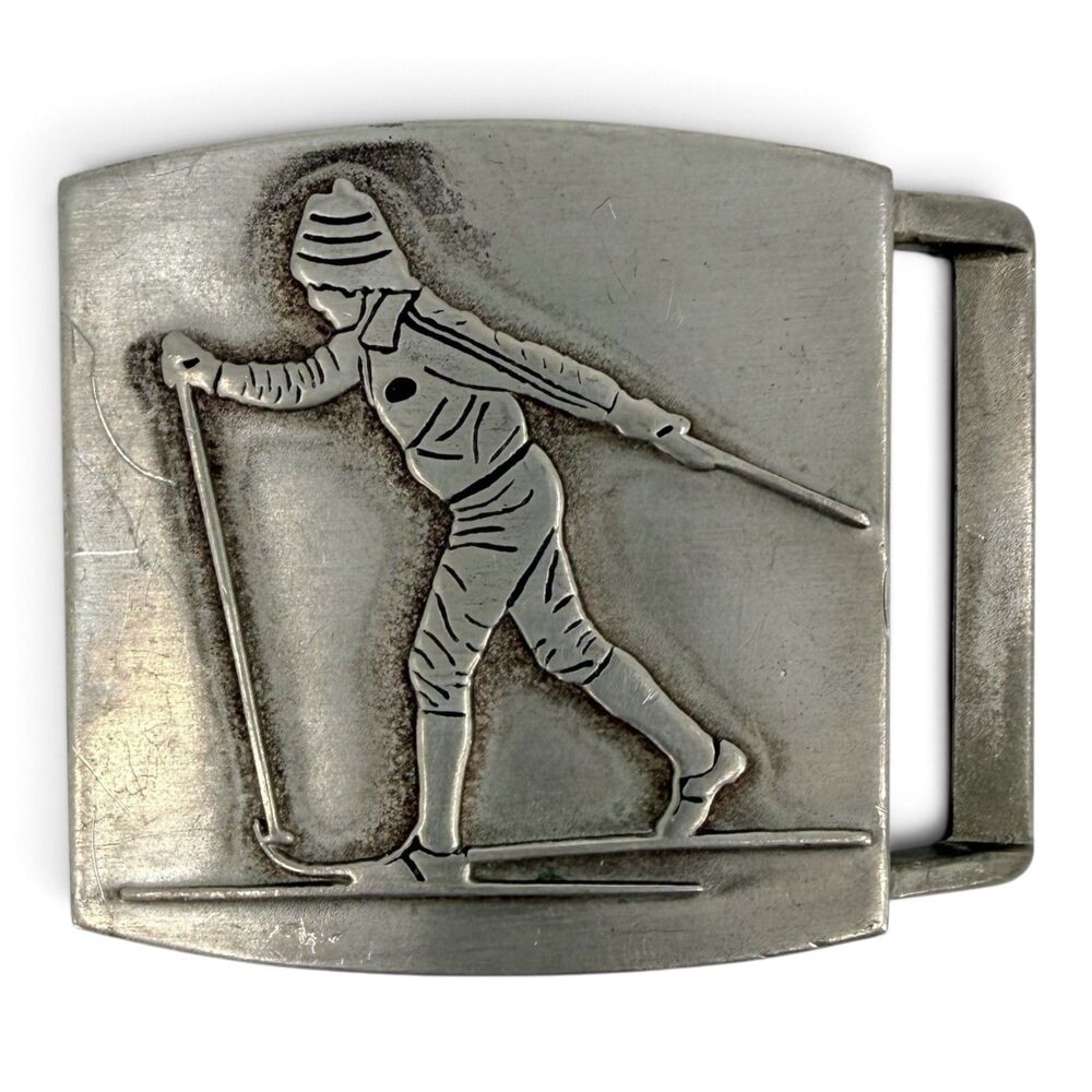Vintage 1970s John E McCann Pewter Cross Country Skier Belt Buckle Wenham MA